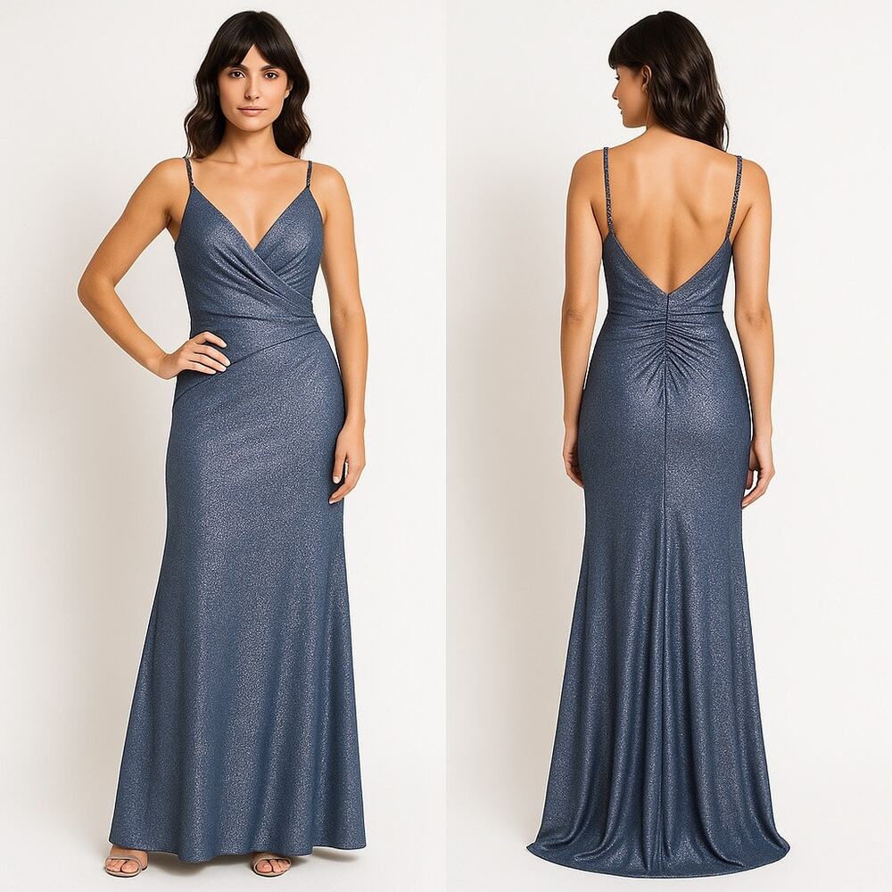 2010s Terani Couture Royal Silver Beaded Metallic Evening Gown Size 2 NWT